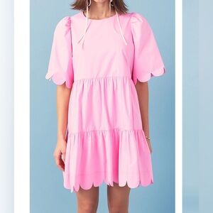 English Factory Women Pink Scallop Detail Tiered Puff Sleeve Mini Dress Size S